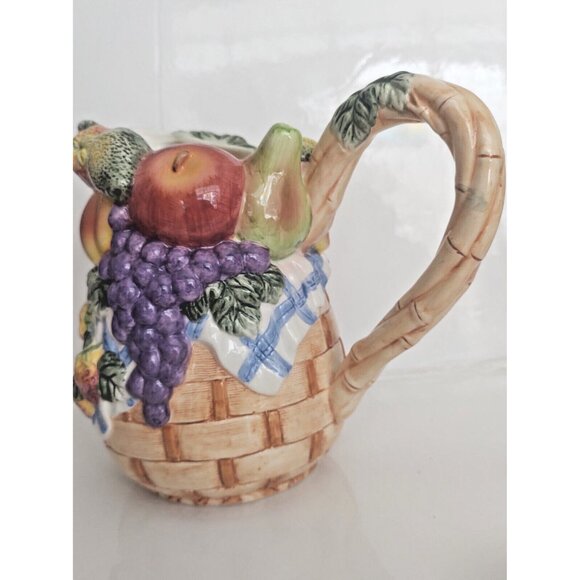Majolica Ceramic Raised Harvest Fruits JUG Wicker Basket Design 7 1/2" Tall - Picture 11 of 11